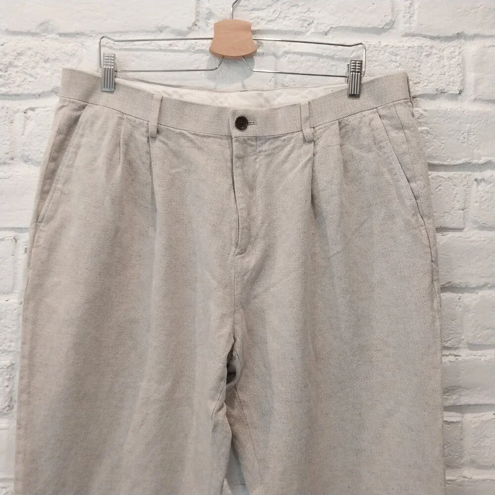 Banana Republic Linen Blend Pants Men 36x26 Beige Herringbone Tweed Relax Cuffed